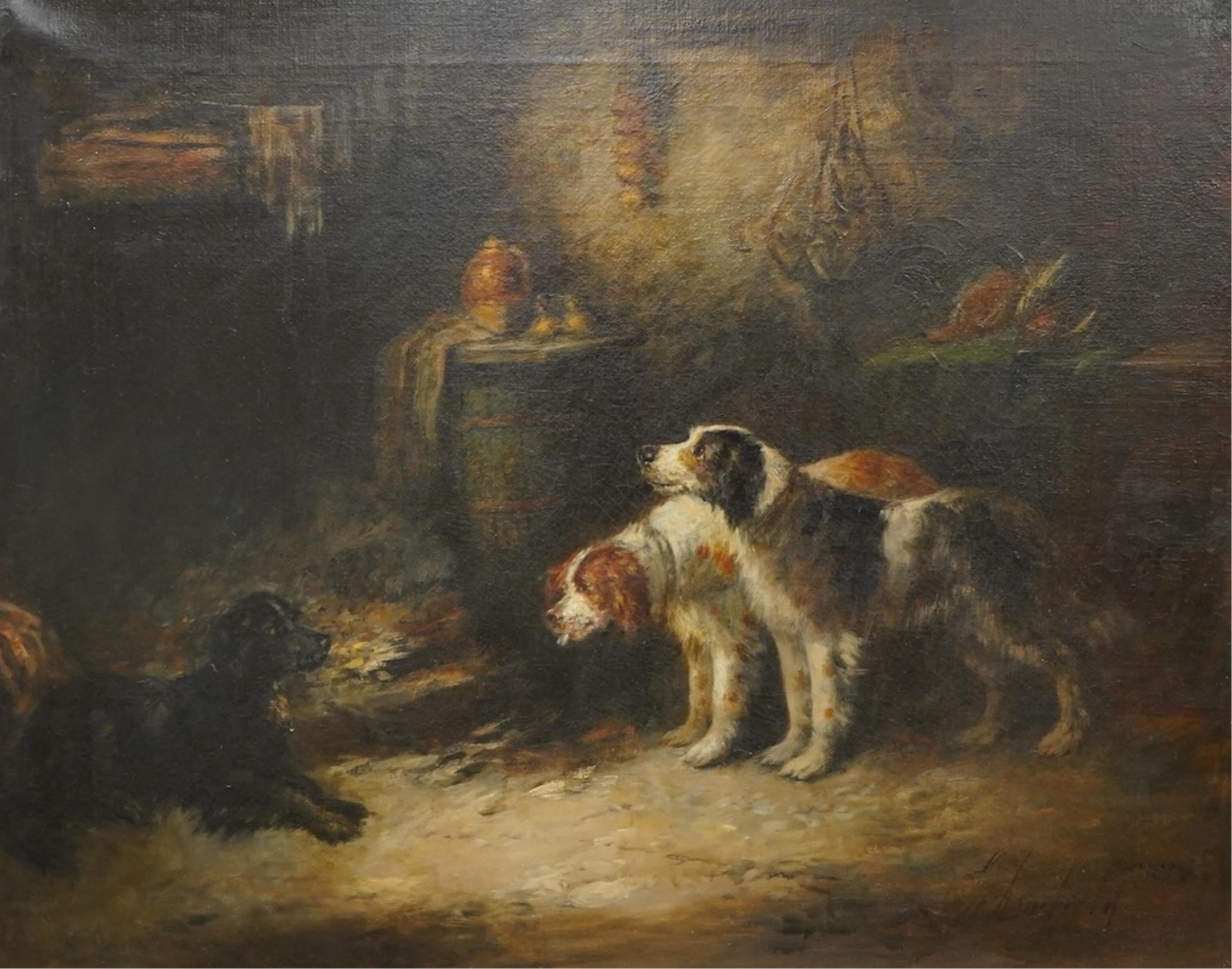 After George Armfield (1808–1893), Hounds in an interior, bears signature, oil on canvas, 62 x 80cm, ornately framed